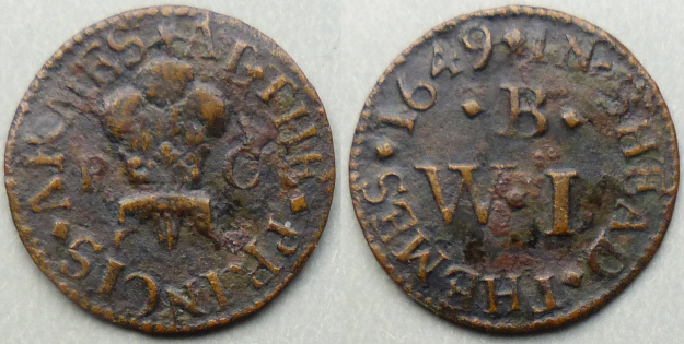 Shad Thames, W B (I) AT THE PRINCIS ARMES 1649 farthing